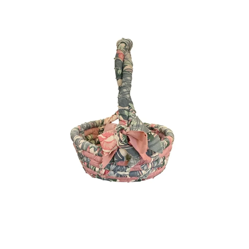Handmade Coiled Fabric Rope Basket Pink Floral Cottagecore Decor with Bow Handle